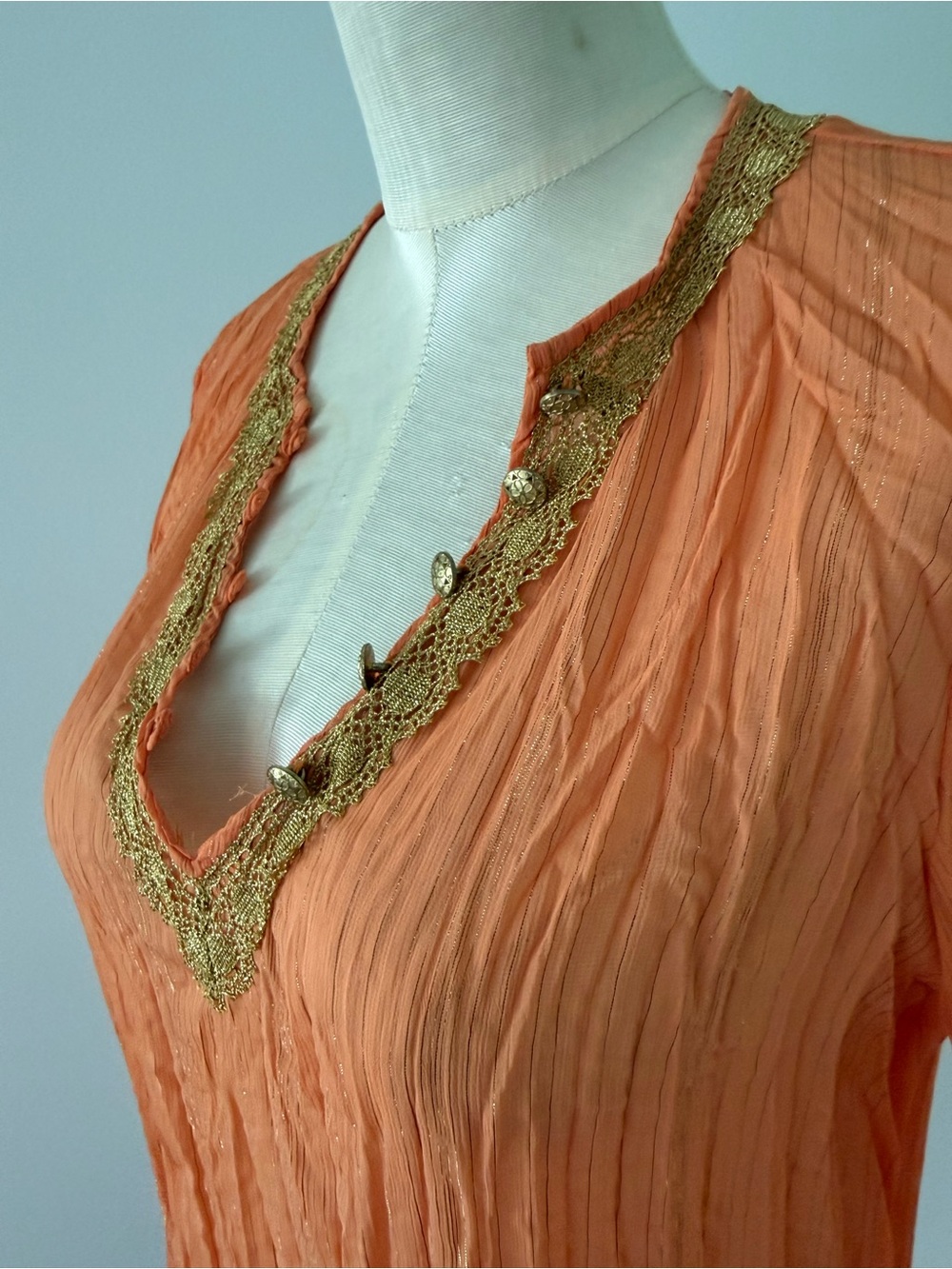 Cache Orange Crinkled V-Neck Tunic with Gold Trim - Picture 3 of 6